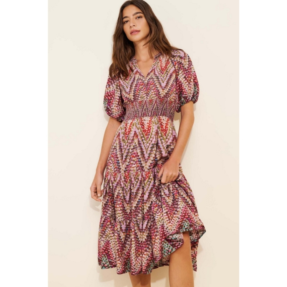 Conditions Apply Pink Geometric Zip Zag Printed Puff Sleeve Midi Dress Size 8
